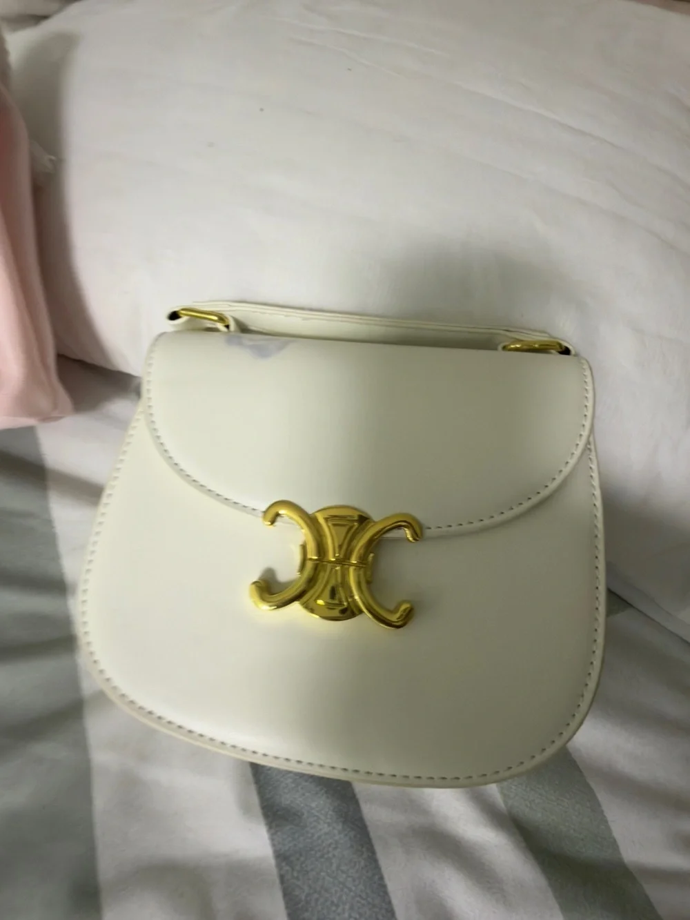 White Leather Top-Handle Shoulder Bag with Gold Accent